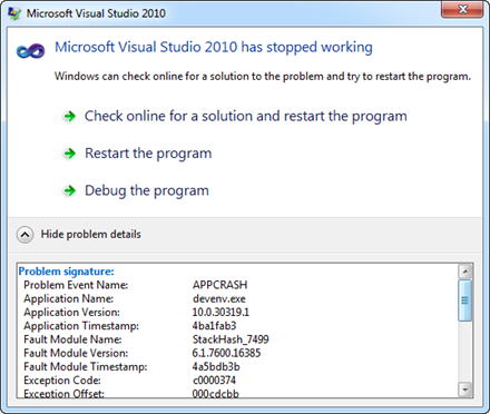Microsoft Visual Studio 2010 has stopped working